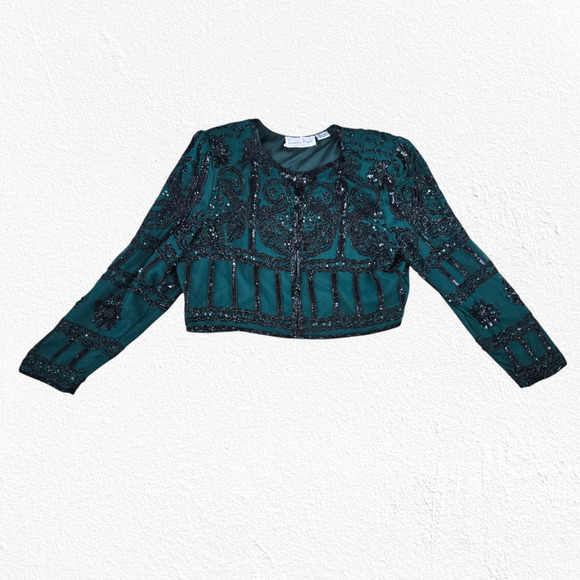 80s Vintage Green Black Silk Beaded Sequin Cropped Designer Jacket Size Large - Picture 2 of 9